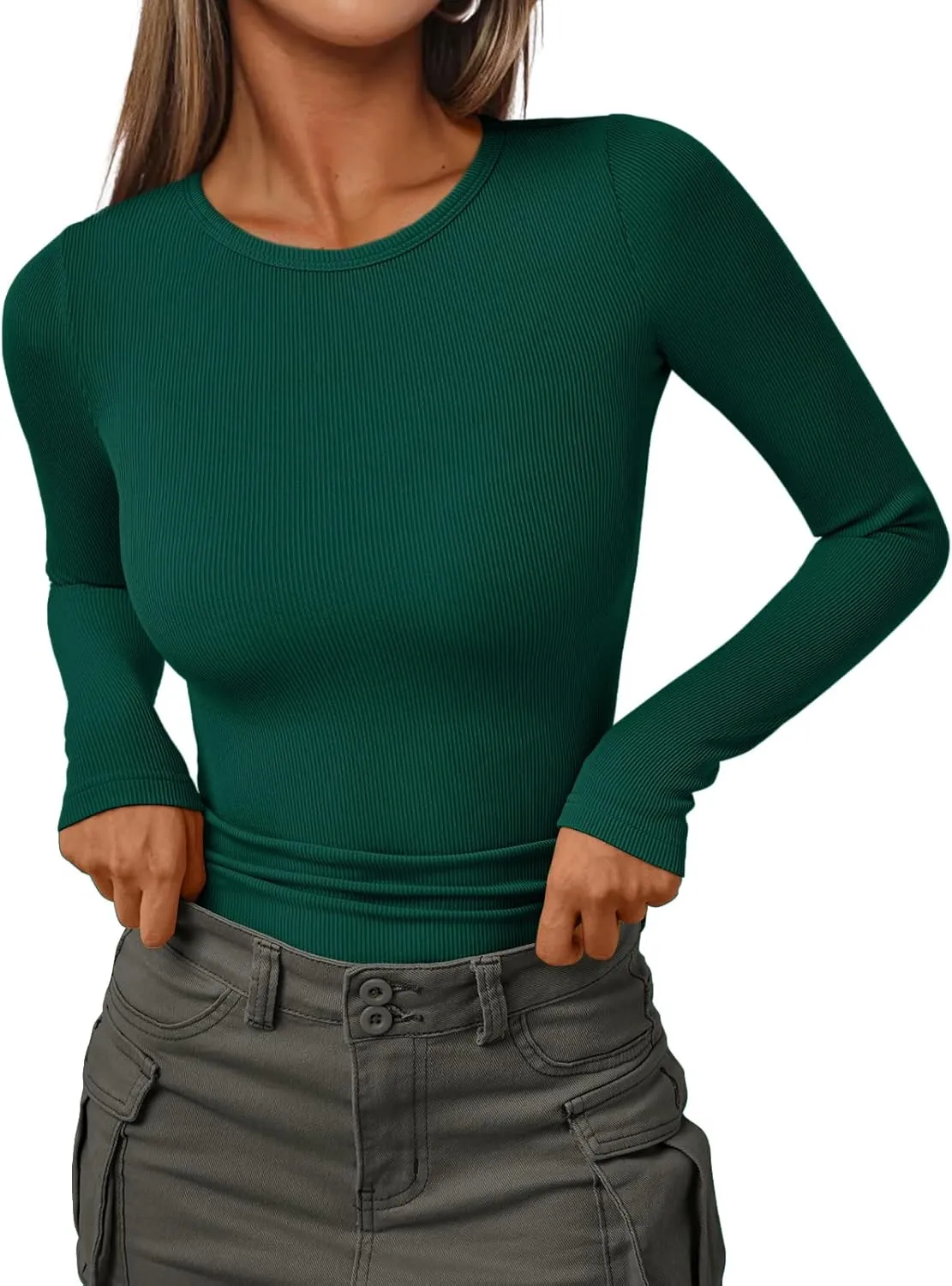 AUTOMET Womens Ribbed Shirts Crewneck Fitted Tops Casual Underscrubs Layer Slim Basic T-Shirts