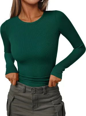 AUTOMET Womens Ribbed Shirts Crewneck Fitted Tops Casual Underscrubs Layer Slim Basic T-Shirts