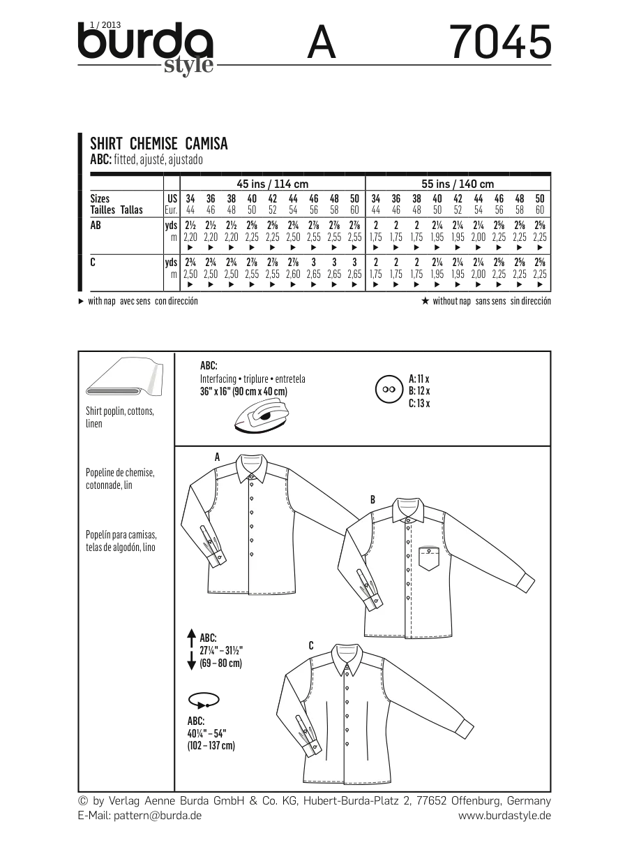 Burda 7045 Mens' Shirt Pattern