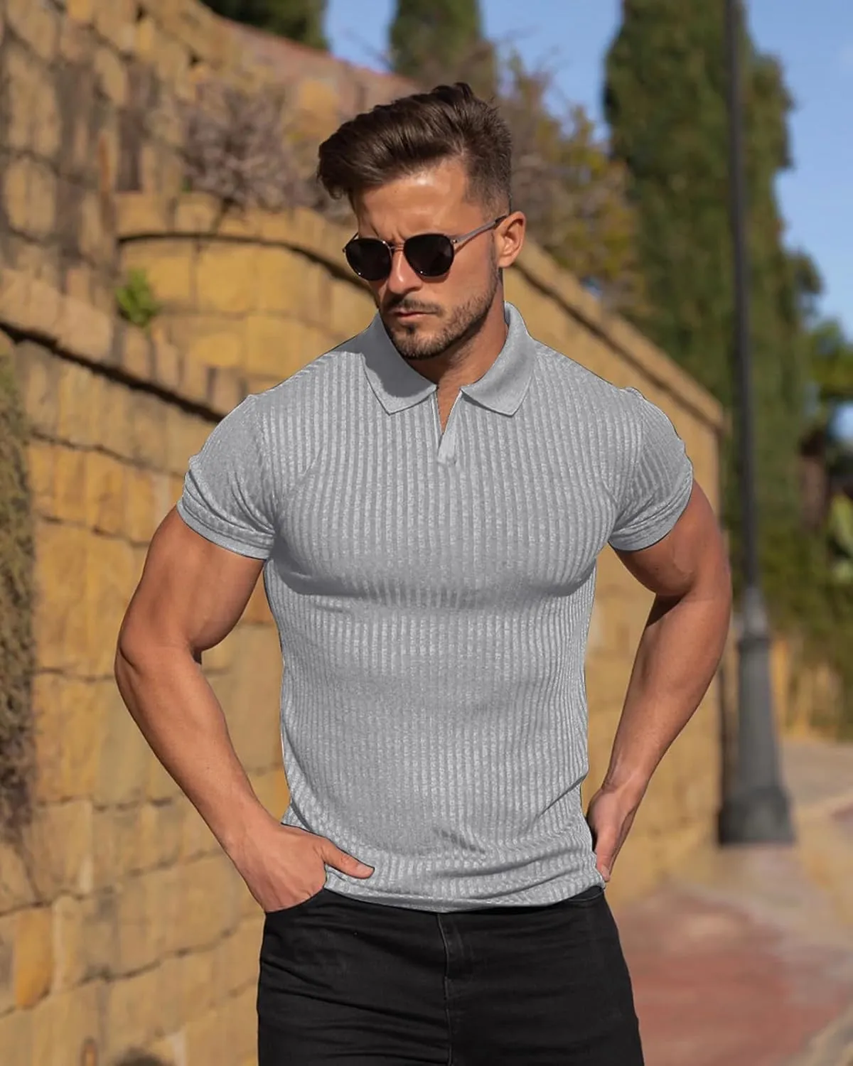 Collared Muscle Shirts for Men Ribbed Knit Slim Fit Polo Shirts Short Sleeve, Mens V Neck T Shirts Casual Stylish
