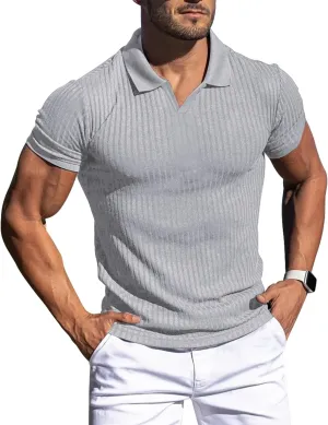 Collared Muscle Shirts for Men Ribbed Knit Slim Fit Polo Shirts Short Sleeve, Mens V Neck T Shirts Casual Stylish