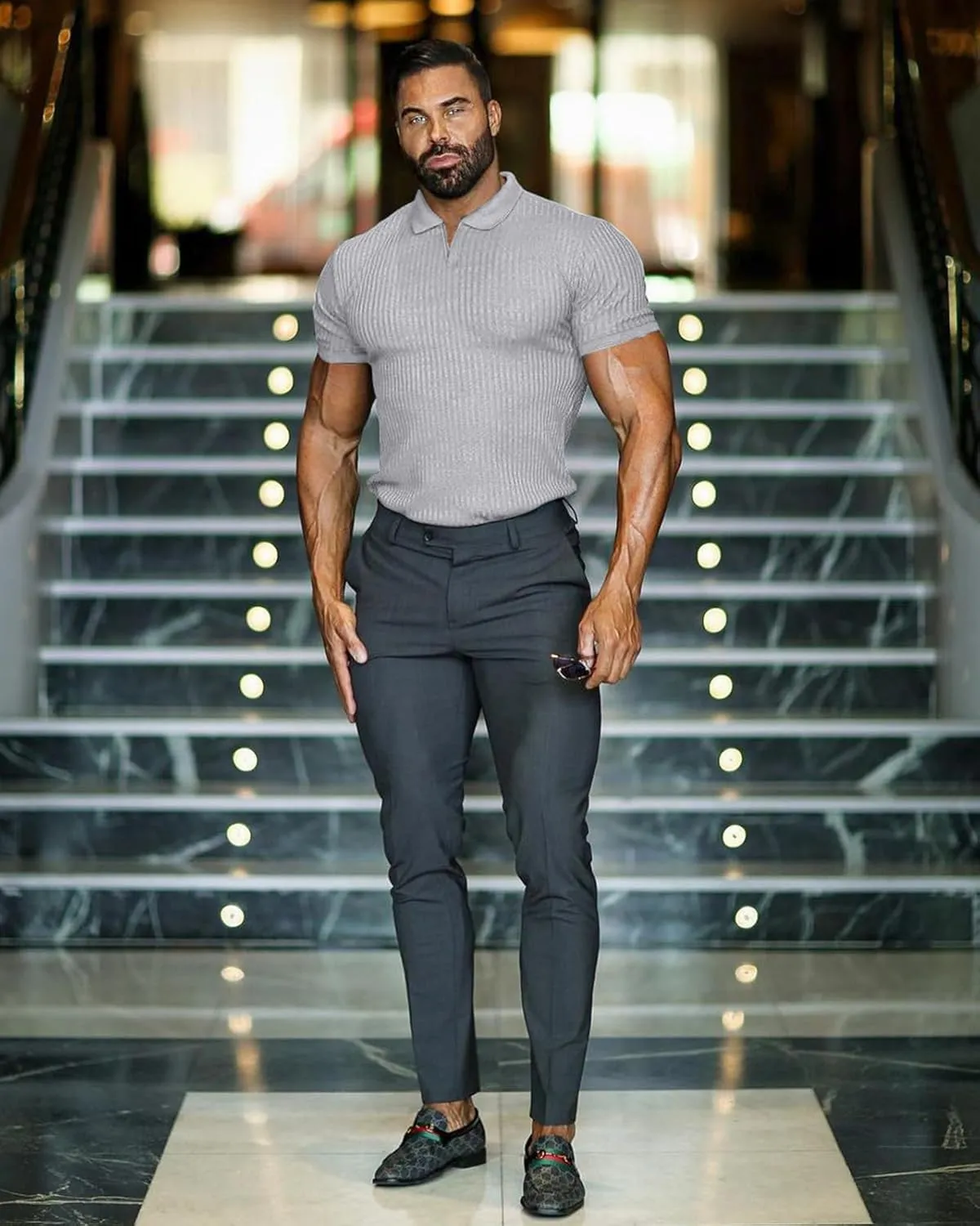 Collared Muscle Shirts for Men Ribbed Knit Slim Fit Polo Shirts Short Sleeve, Mens V Neck T Shirts Casual Stylish