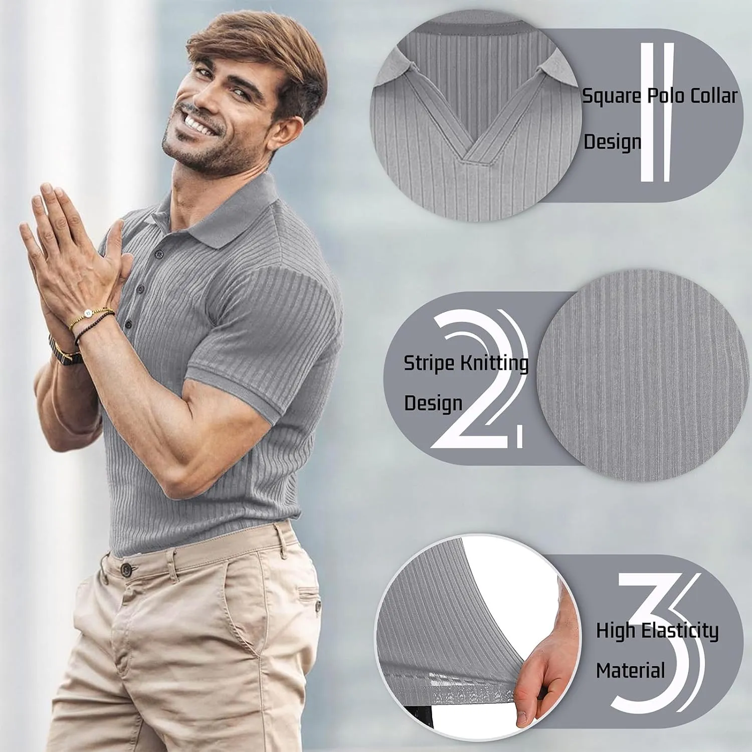 Collared Muscle Shirts for Men Ribbed Knit Slim Fit Polo Shirts Short Sleeve, Mens V Neck T Shirts Casual Stylish