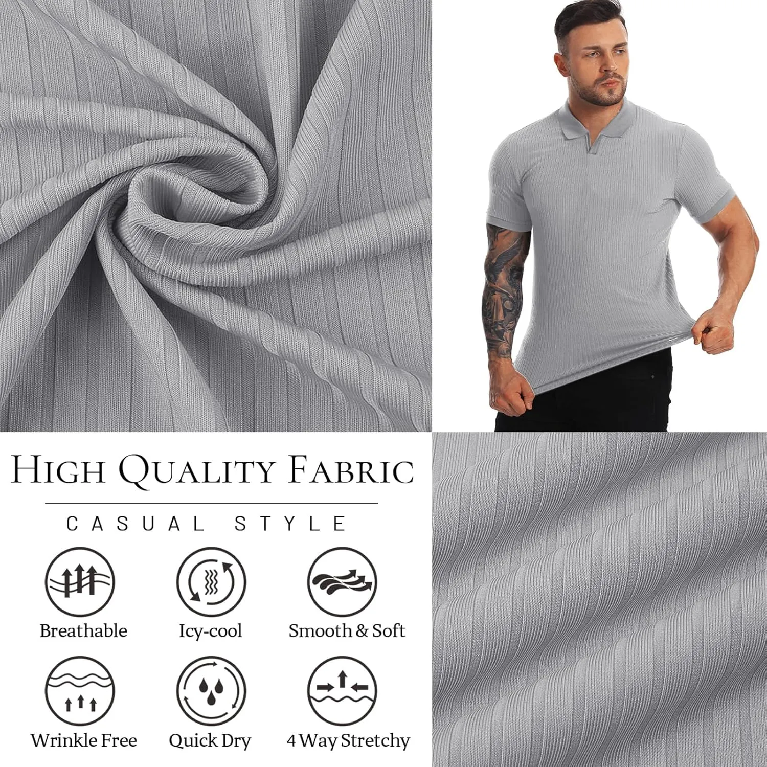Collared Muscle Shirts for Men Ribbed Knit Slim Fit Polo Shirts Short Sleeve, Mens V Neck T Shirts Casual Stylish