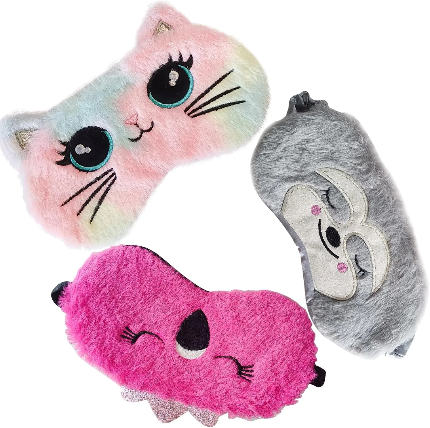 Cute Animal Sleeping Mask Soft Plush Blindfold Cute Rabbit Panda Koala Eye Cover Eyeshade for Kids Teens Girls Women (3Pack Multicolor)