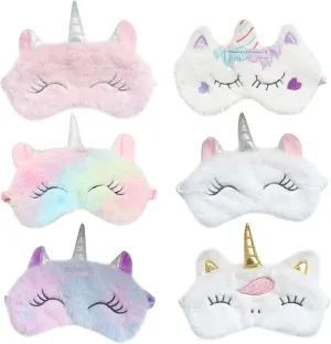 Cute Animal Sleeping Mask Soft Plush Blindfold Cute Rabbit Panda Koala Eye Cover Eyeshade for Kids Teens Girls Women (6Pack Unicorn)
