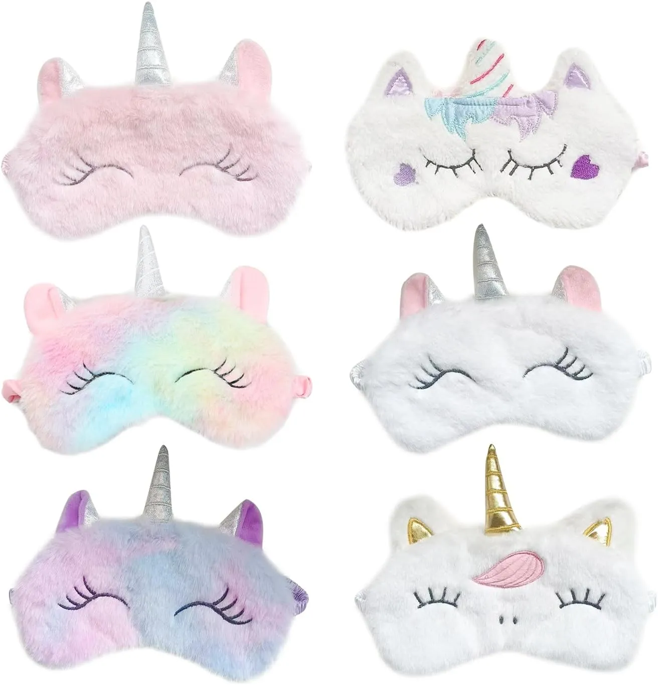 Cute Animal Sleeping Mask Soft Plush Blindfold Cute Rabbit Panda Koala Eye Cover Eyeshade for Kids Teens Girls Women (6Pack Unicorn)
