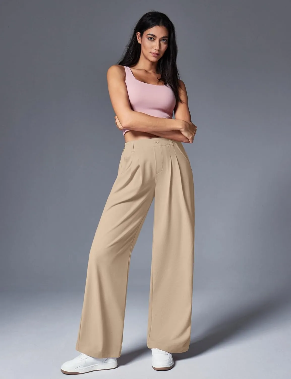 IUGA Wide Leg Pants Woman Pull on Stretchy Work Dress Pants High Waisted Business Casual Trousers Slacks 26''/28''