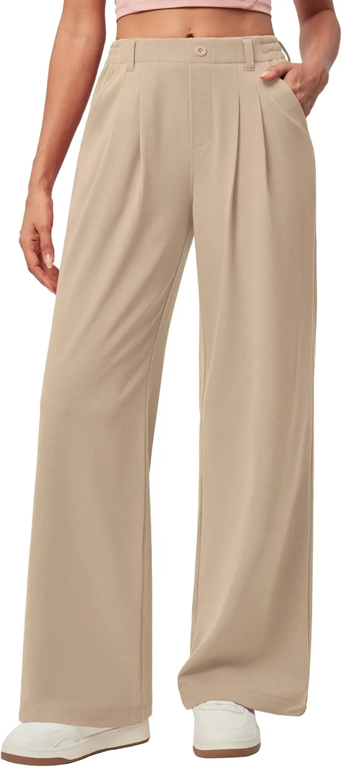 IUGA Wide Leg Pants Woman Pull on Stretchy Work Dress Pants High Waisted Business Casual Trousers Slacks 26''/28''