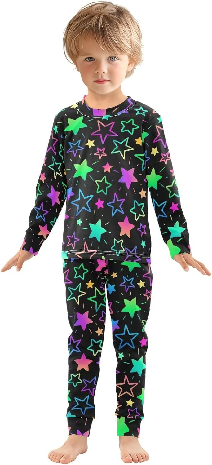 Pajama Sets Long Sleeve Bright Neon Stars Soft Comfy Sleepwear 2 Piece PJS 3-8T