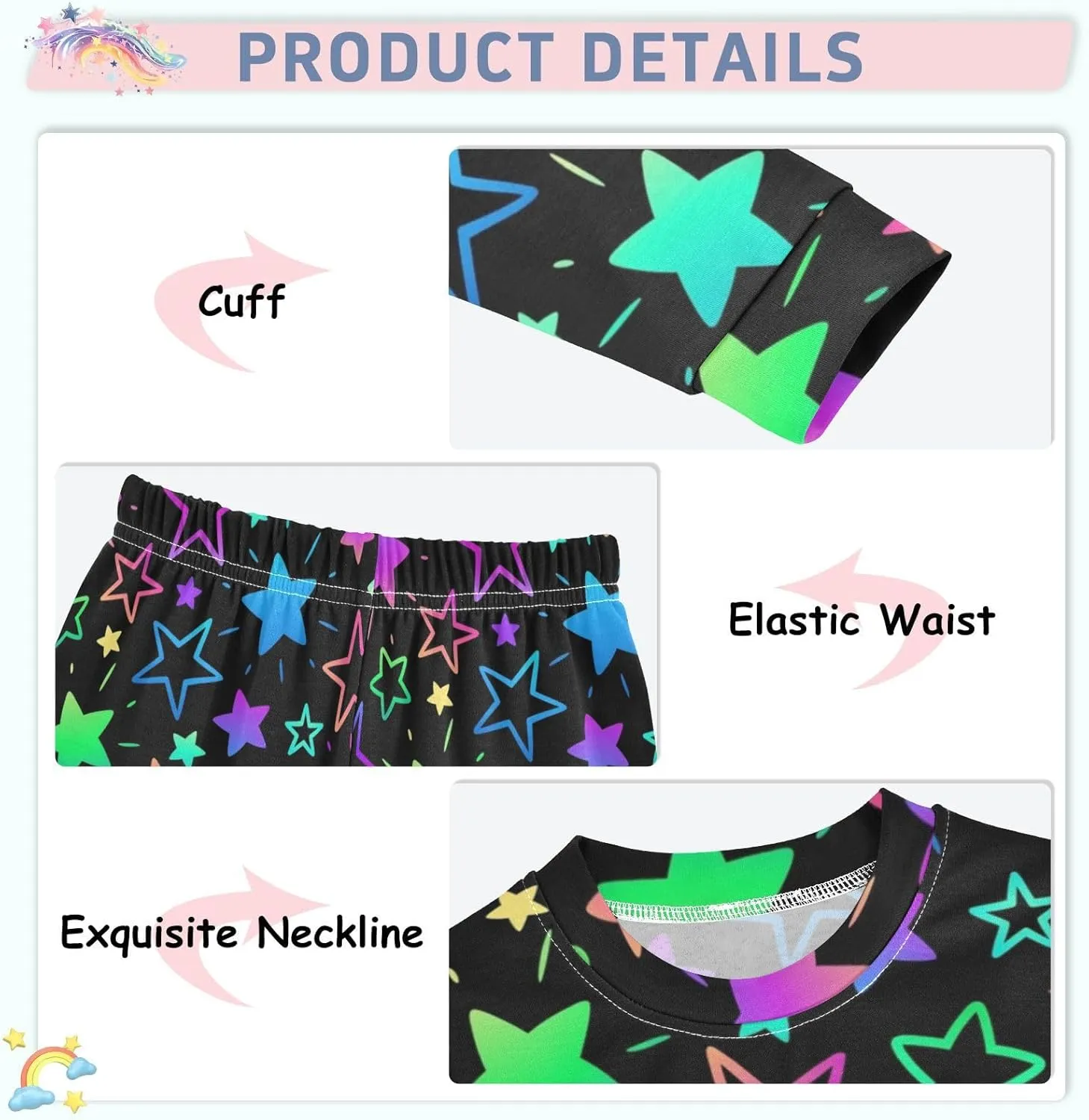 Pajama Sets Long Sleeve Bright Neon Stars Soft Comfy Sleepwear 2 Piece PJS 3-8T