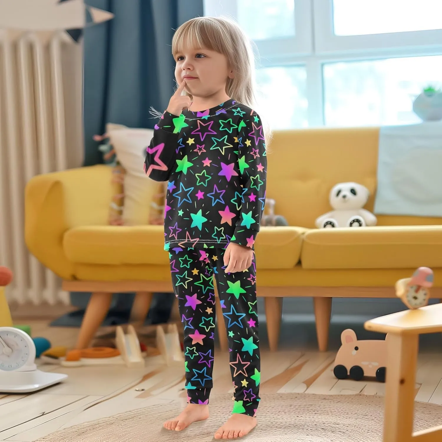 Pajama Sets Long Sleeve Bright Neon Stars Soft Comfy Sleepwear 2 Piece PJS 3-8T