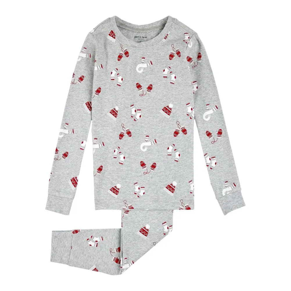 Petit Lem 2-Piece Organic Cotton Ribbed Pajama Set in Knits and Pieces Print on Heather Grey
