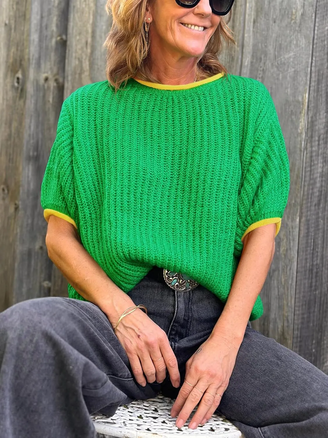 Saodimallsu Womens Puff Short Sleeve Sweater Tops Spring Summer Color Block Ribbed Knit Crew Neck Going Out Shirts