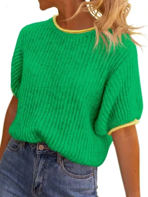 Saodimallsu Womens Puff Short Sleeve Sweater Tops Spring Summer Color Block Ribbed Knit Crew Neck Going Out Shirts