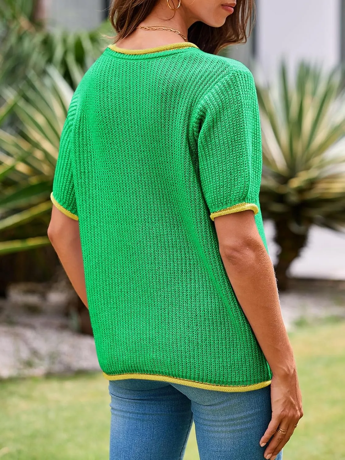 Saodimallsu Womens Puff Short Sleeve Sweater Tops Spring Summer Color Block Ribbed Knit Crew Neck Going Out Shirts