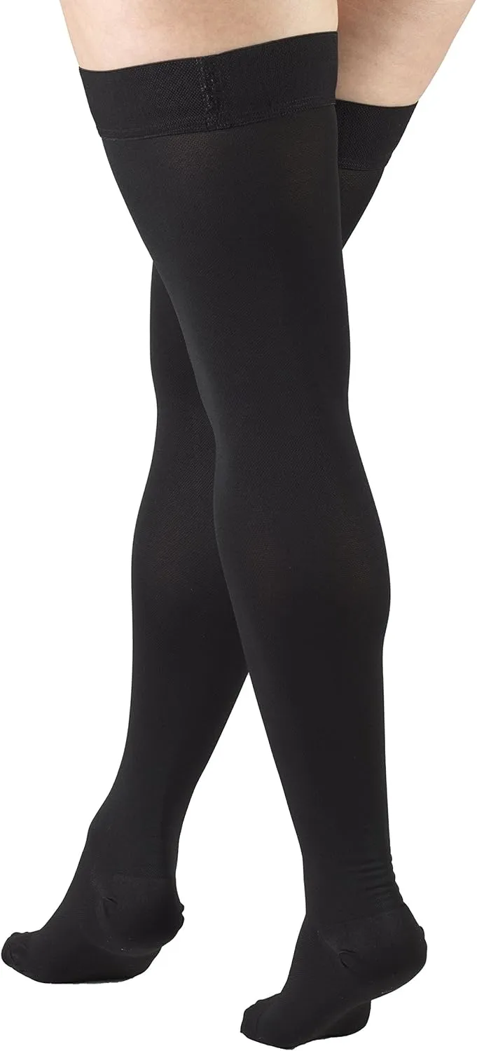 Truform 20-30 mmHg Compression Stockings for Men and Women, Thigh High Length, Dot Top, Closed Toe, Black, Medium
