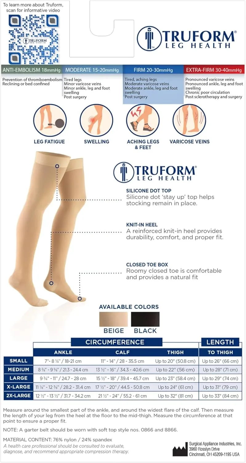 Truform 20-30 mmHg Compression Stockings for Men and Women, Thigh High Length, Dot Top, Closed Toe, Black, Medium