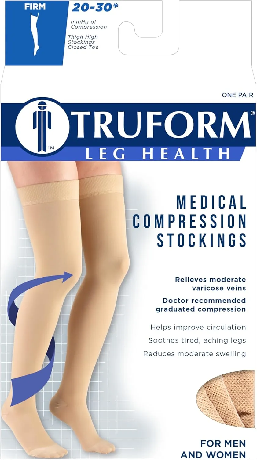 Truform 20-30 mmHg Compression Stockings for Men and Women, Thigh High Length, Dot Top, Closed Toe, Black, Medium