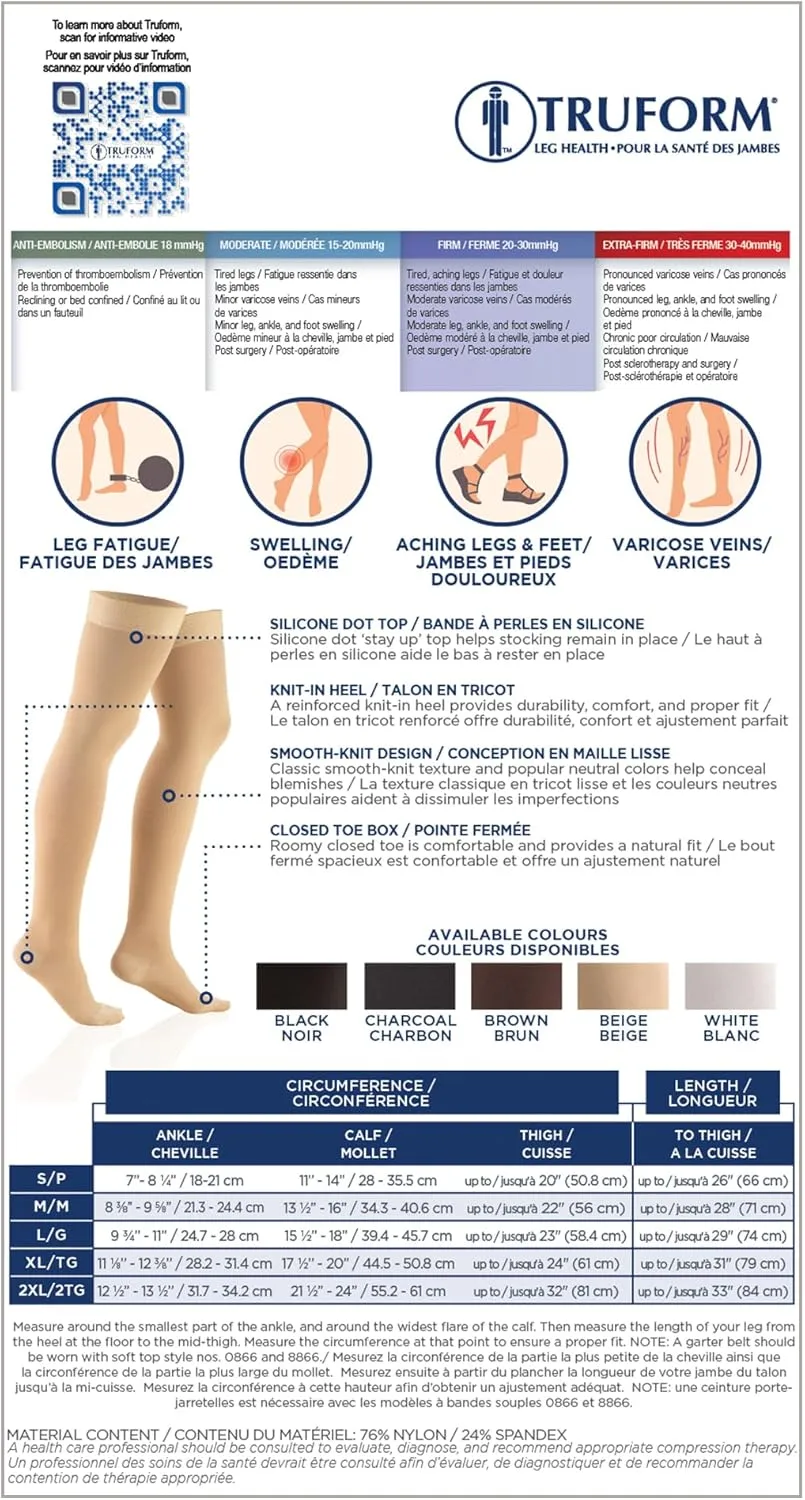 Truform 20-30 mmHg Compression Stockings for Men and Women, Thigh High Length, Dot Top, Closed Toe, Black, Medium