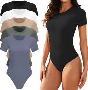 TVKSOM 5 Pack Body suits for Womens Short Sleeve Round Neck Casual Stretchy Basic T Shirt Bodysuit Tops