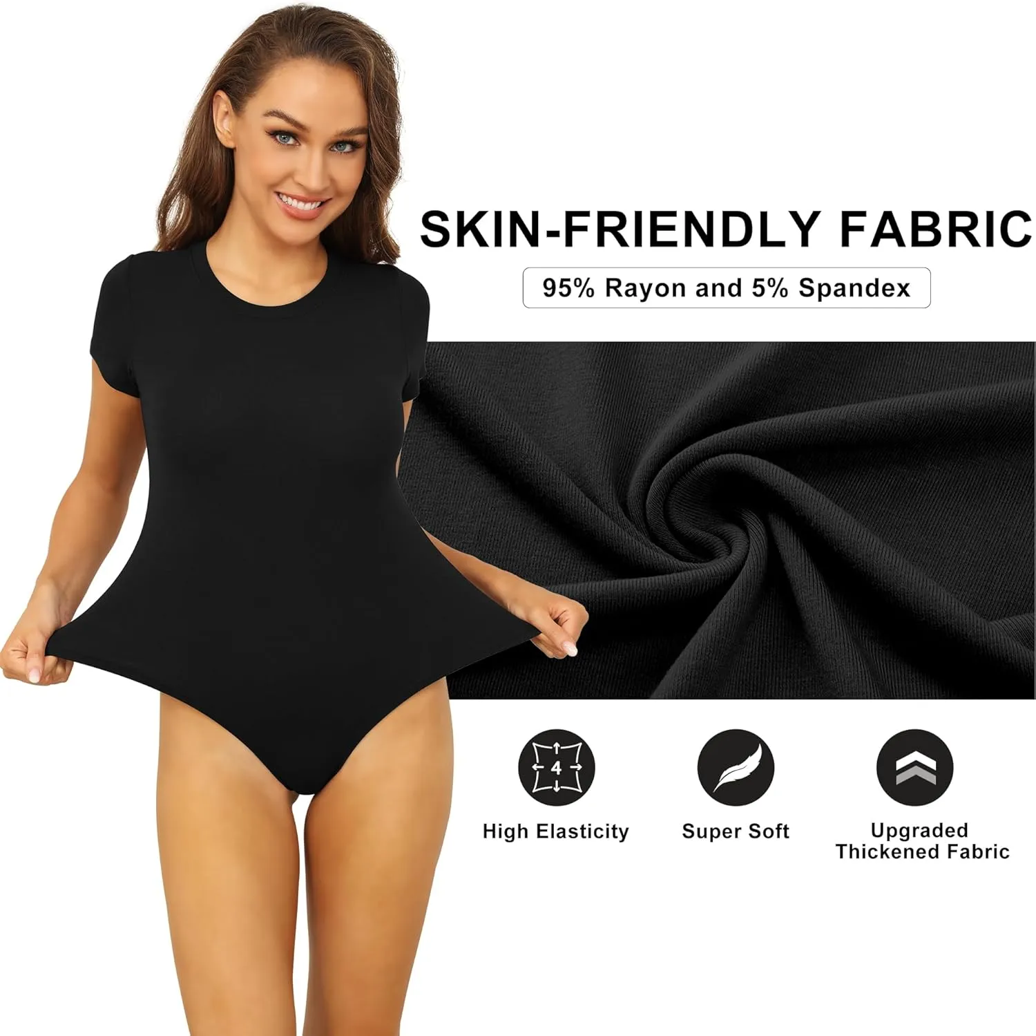 TVKSOM 5 Pack Body suits for Womens Short Sleeve Round Neck Casual Stretchy Basic T Shirt Bodysuit Tops