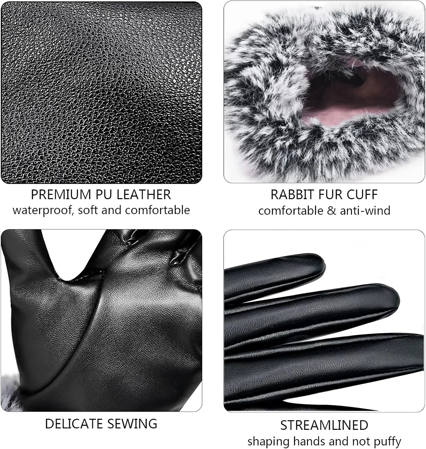 Women's PU Leather Gloves for Winter, Warm with Fleece Lining and Touchscreen Compatible Rabbit Fur Cuff Party Gloves