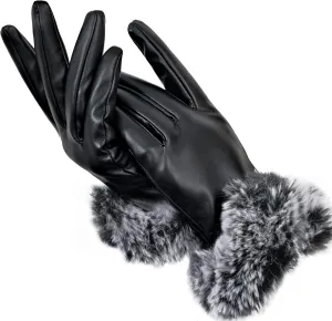 Women's PU Leather Gloves for Winter, Warm with Fleece Lining and Touchscreen Compatible Rabbit Fur Cuff Party Gloves