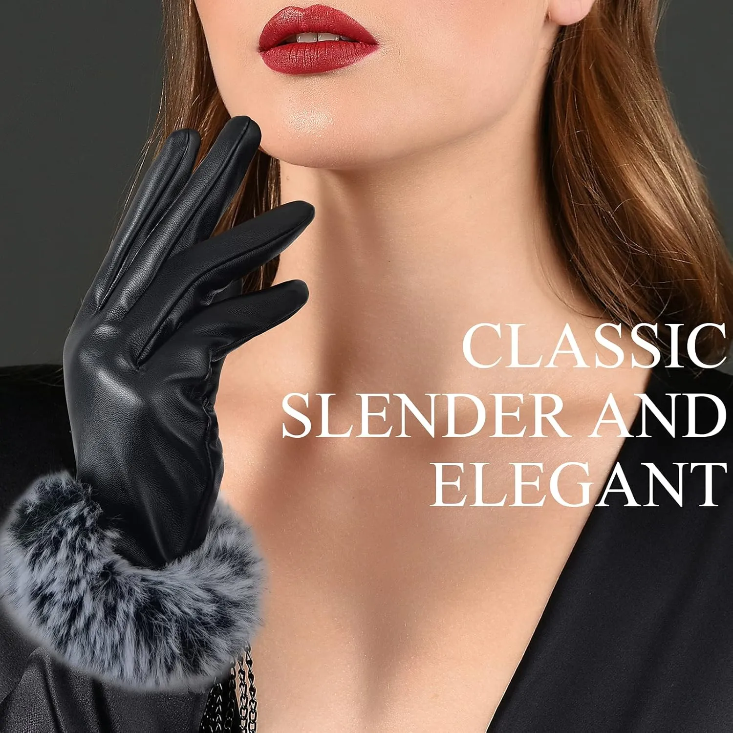 Women's PU Leather Gloves for Winter, Warm with Fleece Lining and Touchscreen Compatible Rabbit Fur Cuff Party Gloves