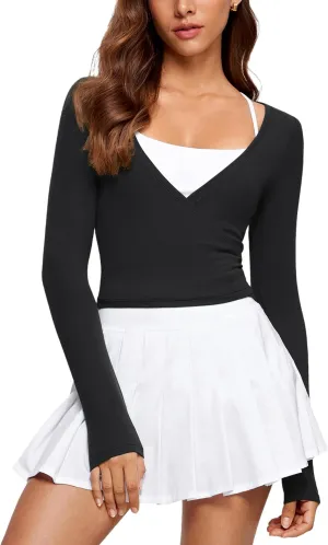 Womens V-Neck Long Sleeve Cross Wrap Top Slim Fit Soft Knit Layering Shirt Casual Yoga Gym Bandage Tie Tops