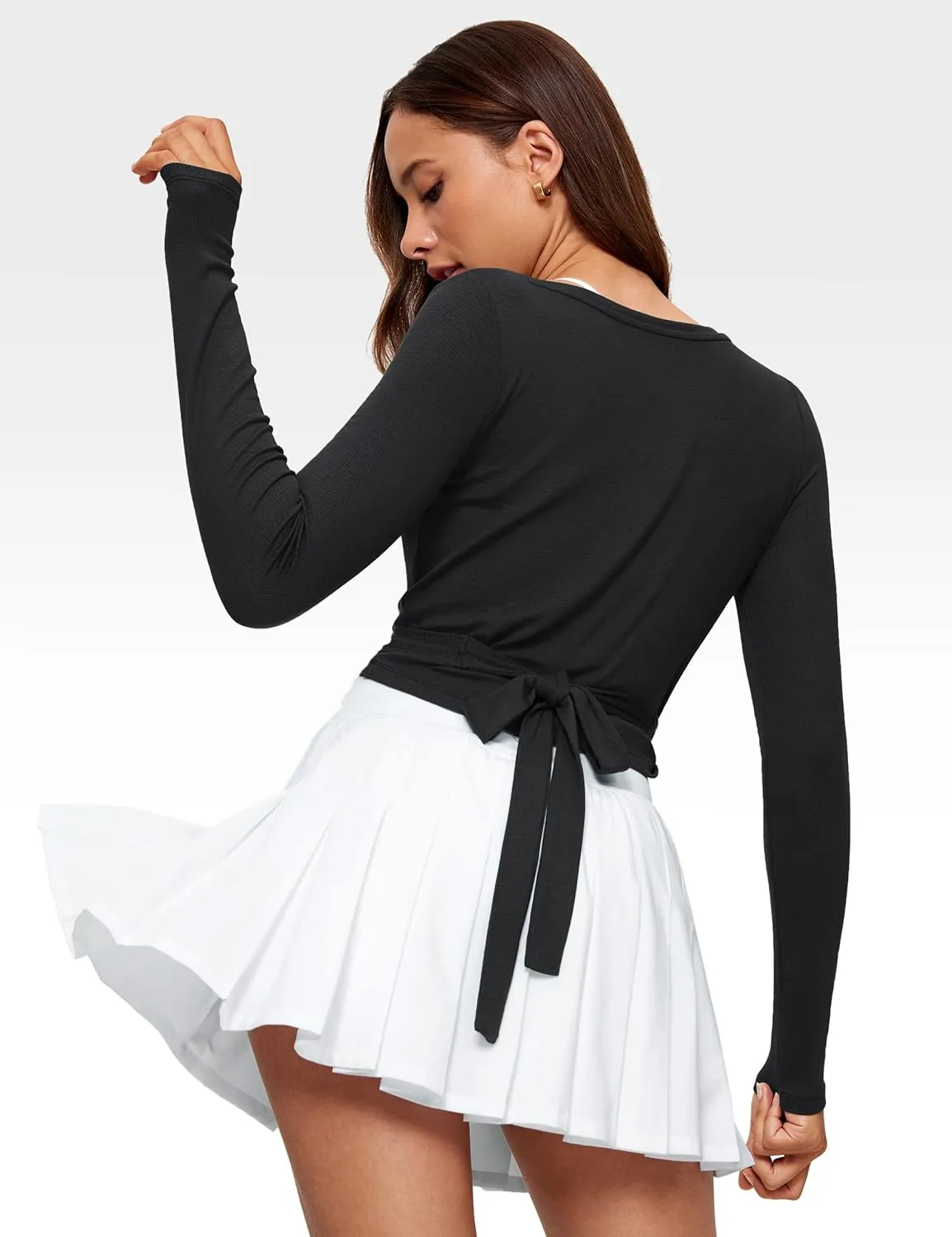 Womens V-Neck Long Sleeve Cross Wrap Top Slim Fit Soft Knit Layering Shirt Casual Yoga Gym Bandage Tie Tops