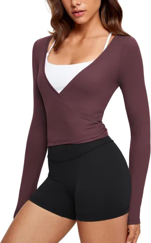 Womens V-Neck Long Sleeve Cross Wrap Top Slim Fit Soft Knit Layering Shirt Casual Yoga Gym Bandage Tie Tops
