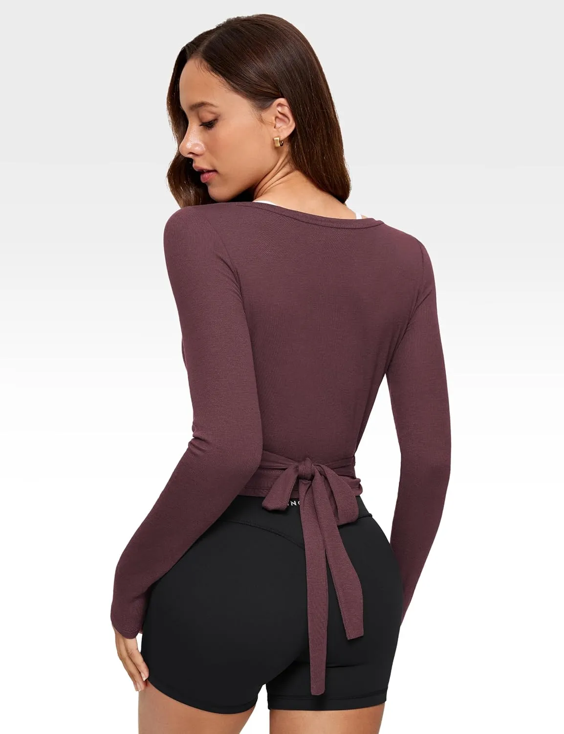 Womens V-Neck Long Sleeve Cross Wrap Top Slim Fit Soft Knit Layering Shirt Casual Yoga Gym Bandage Tie Tops