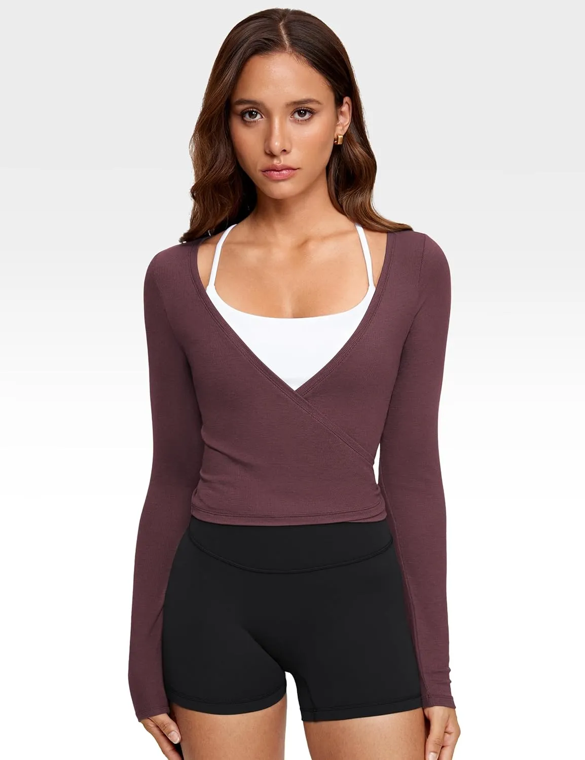 Womens V-Neck Long Sleeve Cross Wrap Top Slim Fit Soft Knit Layering Shirt Casual Yoga Gym Bandage Tie Tops